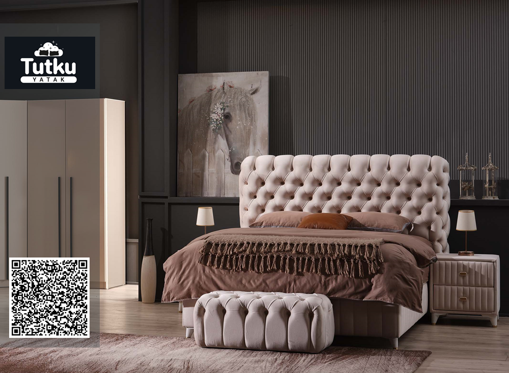 Тапицирано легло Fluffy Крем Праскова с матрак