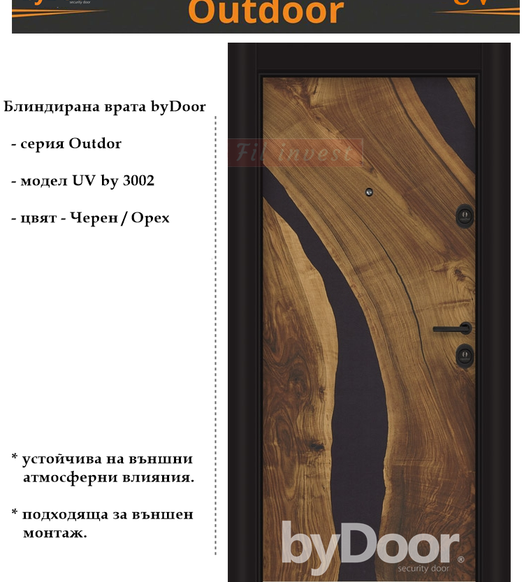 Alternative view of Блиндирана врата Outdoor UV by 3002 Черно и Орех